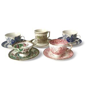 Set Of 5 Vintage Bone China Tea Cups & Saucers - Sutherland Windsor Royal Oak